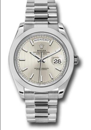 Replica Rolex 950 Platinum Day-Date 40 Watch 228206 Smooth Bezel Silver Strip Motif Index Dial President Bracelet